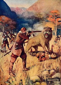 Un grand lion a sauté sur un des hommes, 1909 - Joseph Ratcliffe Skelton
