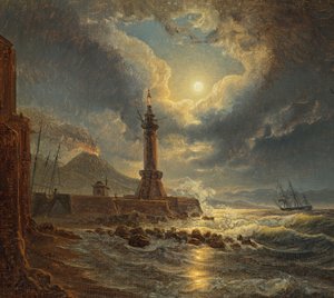 Phare dans le port de Naples au clair de lune - Joseph Rebell