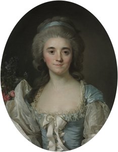 Portrait de la comtesse de Provence (1753-1810), en demi-longueur, dans une robe turquoise bordée de dentelle blanche et de rubans.