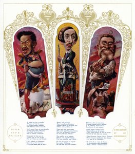 Caricatures : Empereur Meiji du Japon ; Maurice Barrès, écrivain et homme politique nationaliste français ; Jean Jaurès, homme politique français