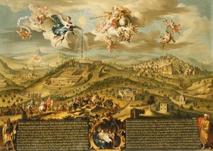 Vue de Bethléem avec le voyage des mages, la Trinité au-dessus et la Nativité dans une cartouche peinte en dessous, 1752