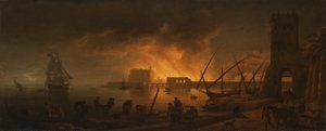 Incendie nocturne dans un port maritime, 1748