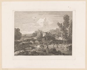 Paysage fluvial avec berger et vaches sur un pont
