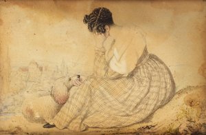 Presse-papiers avec femme en deuil et chien et vue sur Vienne