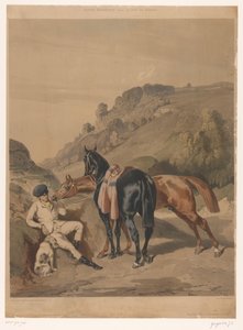 Deux chevaux avec un cavalier au repos dans un paysage (Motifs équestres d