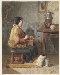 Fille assise sur un poêle