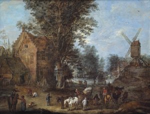 Scène de village avec des voyageurs, des charretiers et de nombreux autres personnages dans leurs activités quotidiennes