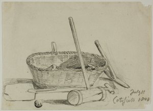 Panier en osier, maillet, pelle, pioche