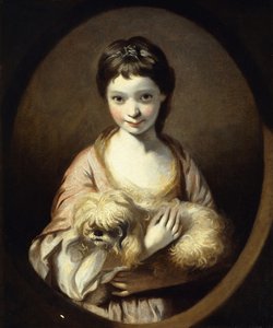Portrait de Miss Emilia Vansittart, mi-longueur, portant une Robe Rose et Blanche tenant un Chien, c.1767-68