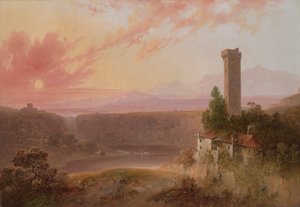 Vue du lac de Nemi au coucher du soleil