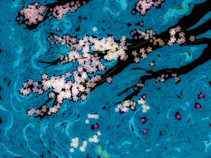 Fleurs de cerisier et volutes bleues - Josie George