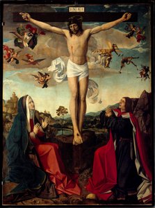 Calvaire. Crucifixion avec la Vierge Marie et Saint Jean au pied de la croix. Inscription « INRI » sur la croix