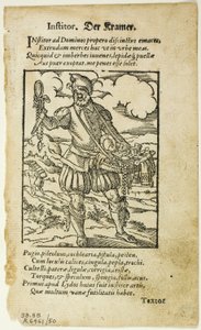 Der Kramer (Le colporteur) de De omnibus illiberalibus sive mechanicis artibus par Hartmann Schopper, planche 50 de Gravures sur bois de livres du XVIe siècle