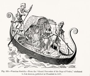 Gondole vénitienne, de la Grande Procession du Doge de Venise, illustration de Science et Littérature au Moyen Âge et à la Renaissance, écrit et gravé par Paul Lacroix, 1878