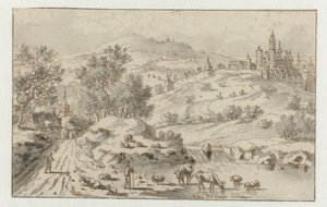 Paysage montagneux avec une ville sur une colline
