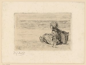 Jeune fille avec une hotte sur le dos à la plage - Jozef Israëls