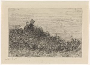 Paysage de dunes avec mère et enfants - Jozef Israëls (signed by artist)