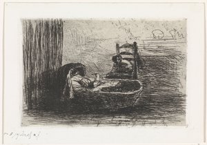 Enfant dans un berceau - Jozef Israëls (signed by artist)