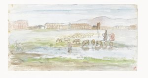 Plaine avec des moutons, en arrière-plan des ruines d