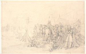Français bivouaquant sur le champ de bataille après une bataille