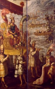 Montezuma, détail de la rencontre entre Cortés et Montezuma, écran attribué à Juan Correa (1645-1716) - Juan Correa