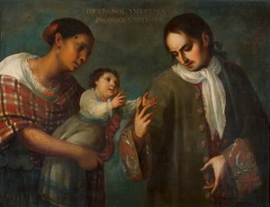 Un Espagnol et une femme métisse avec leur enfant, un "Castizo"