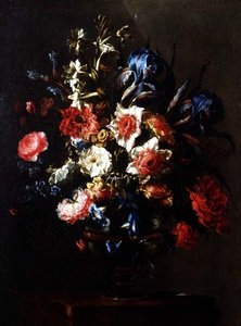 Iris, pivoines, convolvulus et autres fleurs dans une urne sur un piédestal - Juan de Arellano