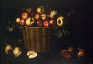 Panier de pommes, coings et grenades