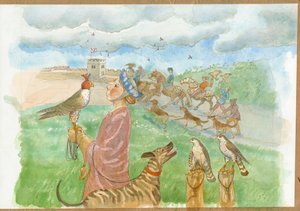 Scène de chasse du haut Moyen Âge (aquarelle sur papier)
