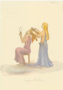 Une dame médiévale attendant, brossant les cheveux d