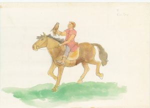 Un homme médiéval, montrant à cheval avec un oiseau de proie sur son bras - Judith Dobie