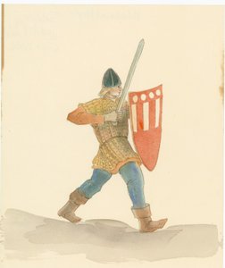 Un soldat médiéval portant une longue épée dans sa main droite et un bouclier dans sa main gauche, 2004 - Judith Dobie