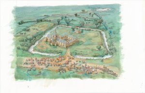 Peinture de reconstitution montrant une vue oblique du prieuré de Latton tel qu