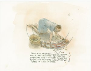 Un ouvrier posant des carreaux de mosaïque sur un mortier étalé, 2003 - Judith Dobie