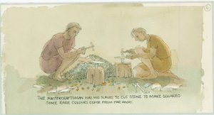 Deux personnages taillant des pierres pour le mosaïste