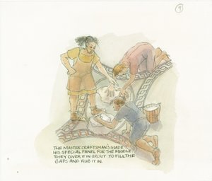 Deux ouvriers jointant un panneau de sol fabriqué et supervisé par le maître artisan, 2003