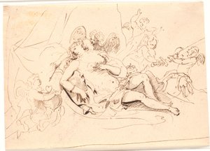 Vénus reposante, entourée de six putti jouant avec une épée, une flèche et un cœur