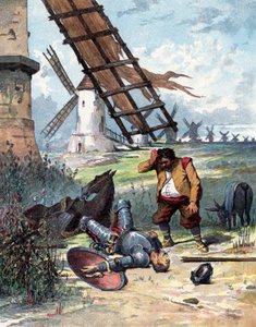 Don Quichotte a combattu des moulins à vent et est tombé de son cheval, Sancho Panza regardant son maître, illustration du livre de Miguel de Cervantes "Histoire de Don Quichotte", gravure d