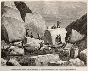 Mormons taillant du granit pour la construction du temple. Gravure d