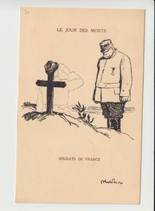 Carte postale, Satirique en N & B, vers 1915 : Jour des morts - Guerre de 14-18, Deuil Obsèques Funérailles - Joffre, Soldats Illustration par Abel Faivre - Jules Abel Faivre
