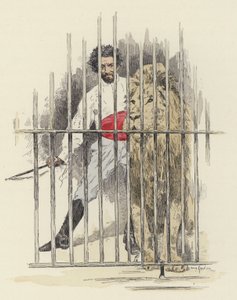 Lion et dompteur de lions dans une cage