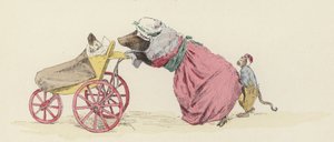 Cochon poussant un chien dans une poussette, avec un singe derrière (lithographie en couleur)