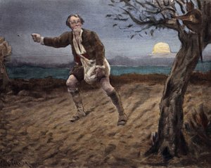 Le Diable, perché dans un arbre, parle à un paysan qui sème du chien. Pantagruel. Illustration de Jules Garnier. Dans "Rabelais et l