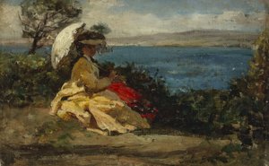 Femme avec parasol, baie de Douarnenez, entre 1870 et 1875 - Jules Breton