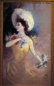 Jeune femme avec chapeau et bouquet de fleurs