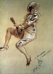 Pierrette assise, jouant de la mandoline - Jules Cheret