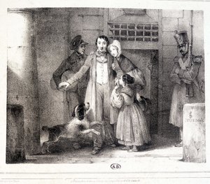 Homme quittant la prison et retrouvé avec sa famille, vers 1830.