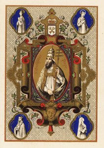 Portrait de Saint Grégoire, Pape Grégoire I, avec trirègne ou triple couronne, et férule papale, dans une bordure décorative - Jules Desportes