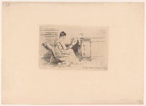 Femme avec éventail dans une chaise basse