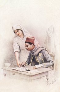 Leçon de lecture. Carte postale de « La Guerre des Nations » représentant une infirmière de la Croix-Rouge apprenant à lire à un cordonnier sénégalais - Jules Girardet